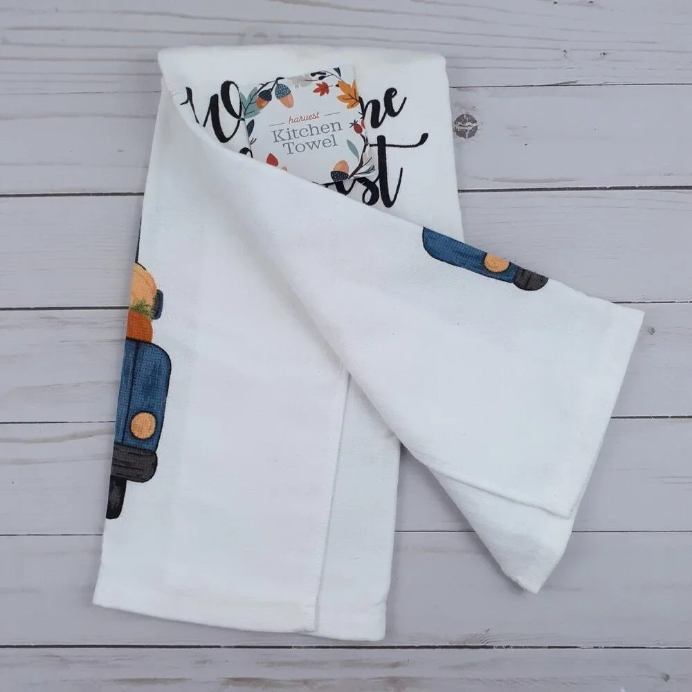 Fall Kitchen Dish Towel Dual Purpose Pumpkin Welcome Harvest Blue Truck